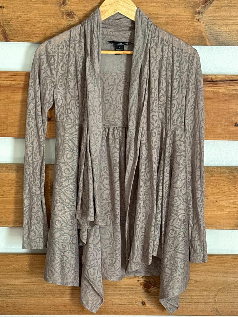 Willi Smith Tan Open Front Cardigan Sheer Floral Accents Long Sleeve Size Small